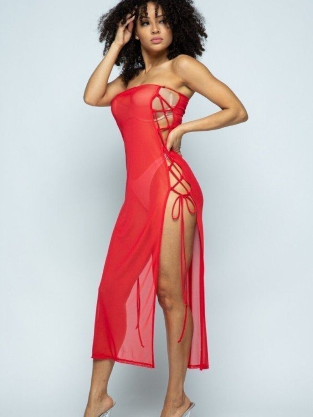Solid Mesh Side Lace Up Cover Up Dress